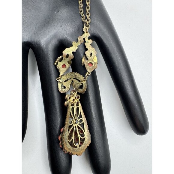 Vintage Victorian Revival Necklace Brass Faux Coral Czech Art Nouveau - Picture 4 of 8